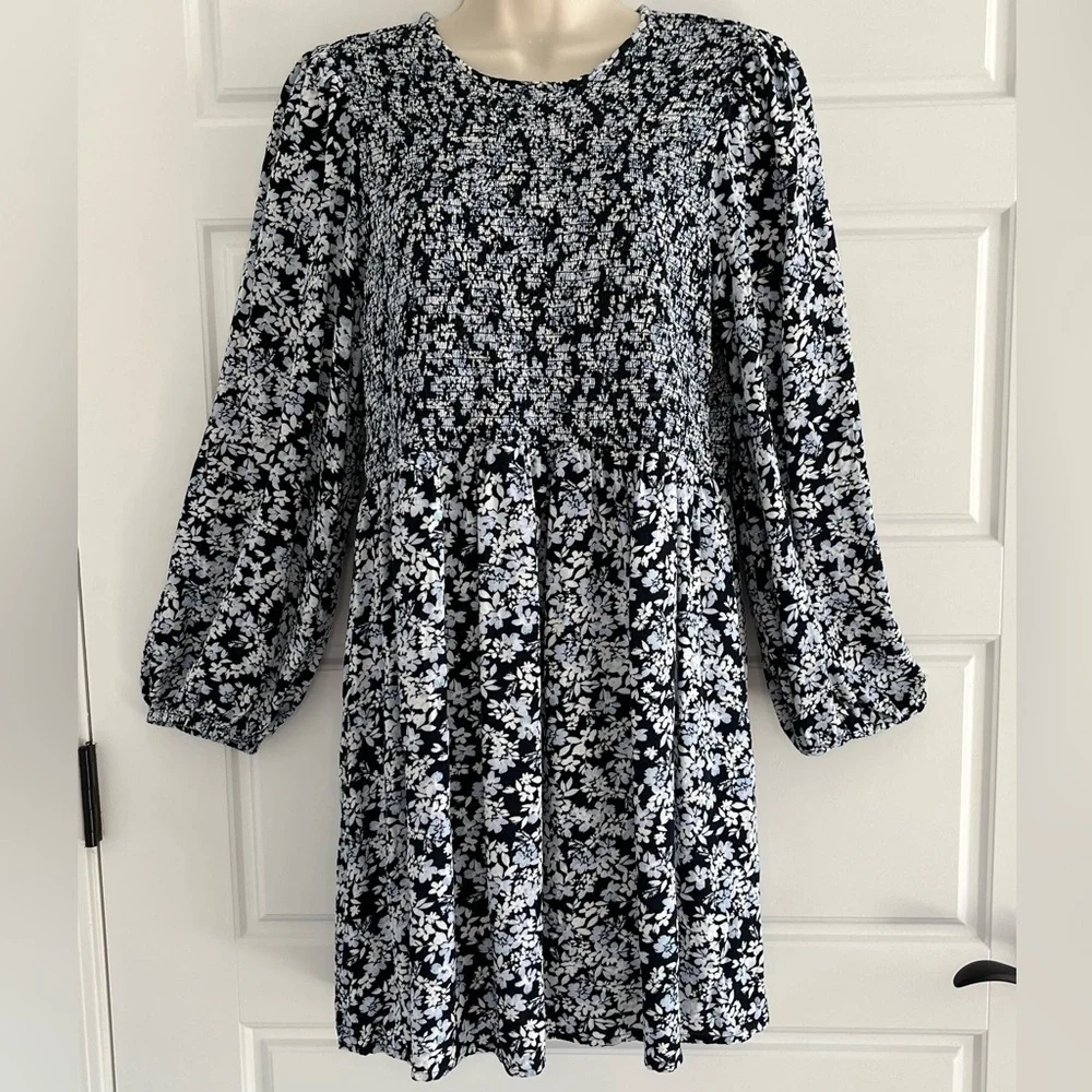 OLD NAVY Fit & Flare Long-Sleeve Smocked Mini Dress Ditsy Floral Boho Size L